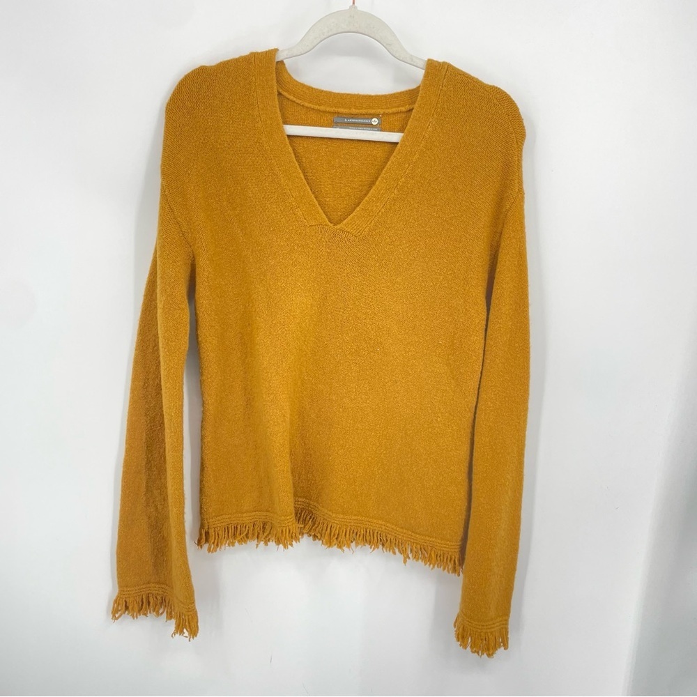 Anthropologie Joy Fringed‎ V Neck Knit Sweater Sz XS mustard yellow